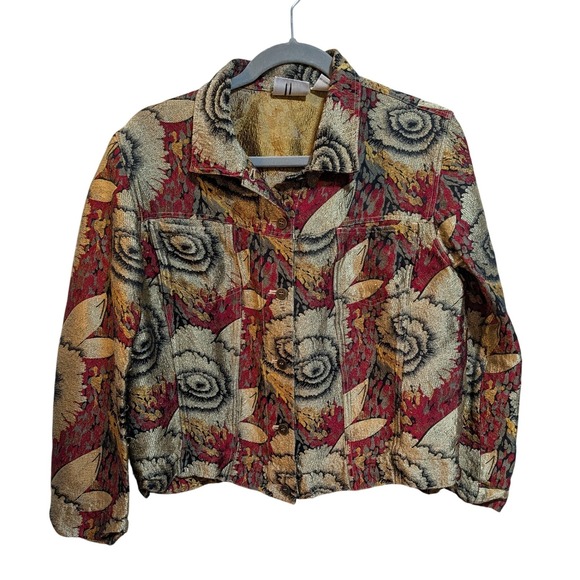 Boho Artsy Old Money Red Gold Silk Blend Vintage Chico's Floral Brocade M Coat - Picture 2 of 9